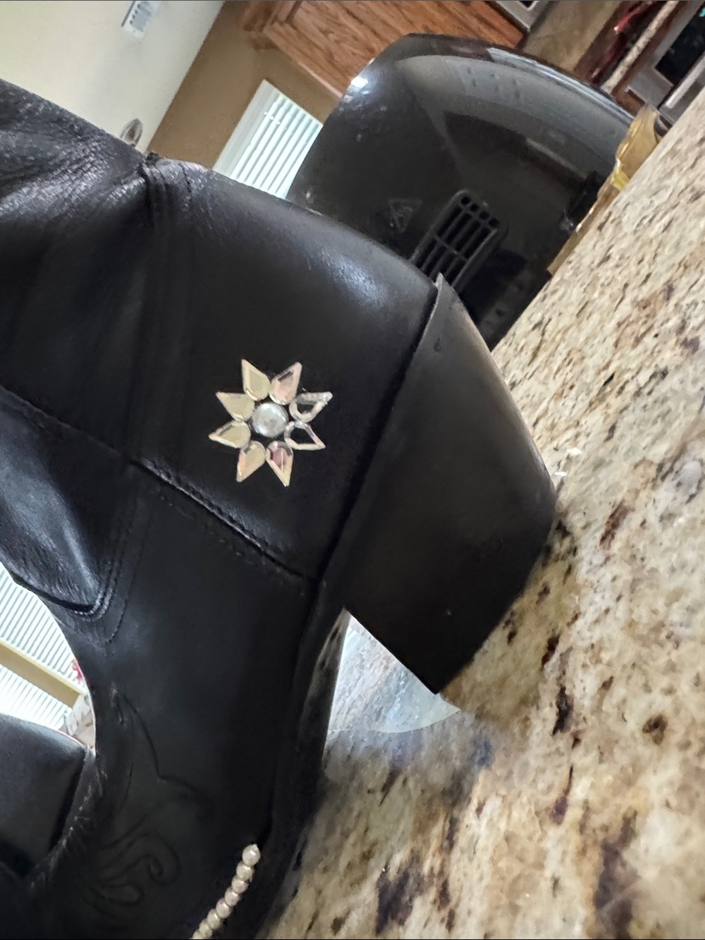 Tony Lama Black Leather Western Knee-High Boots wPearl Detail and Star Accent - Picture 7 of 10